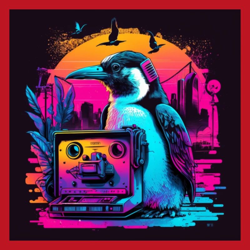 Penguin with neon colors, synthwave / 80s