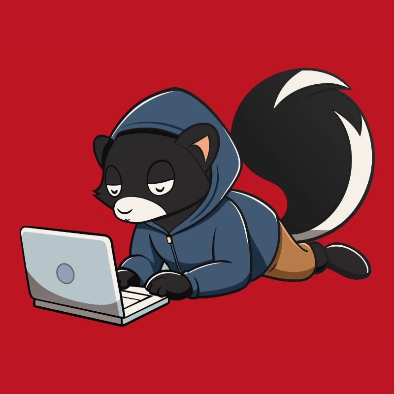 Mignonne mouffette hacker en sweat à capuche devant le PC