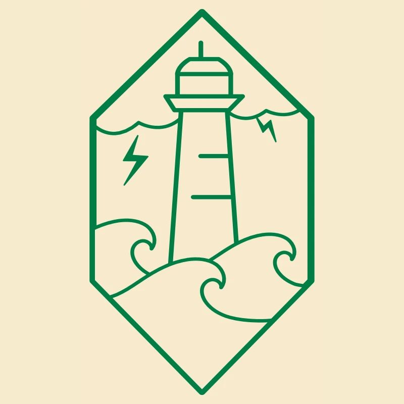 Stormy lighthouse on ocean waves with lightning