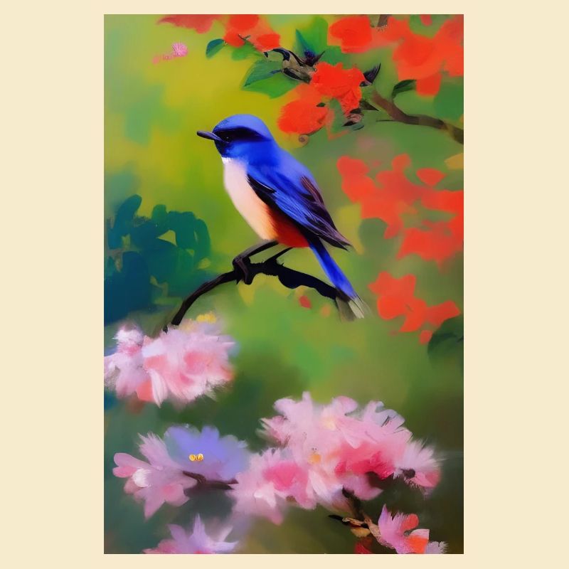 Oiseau sur branche avec fleurs
