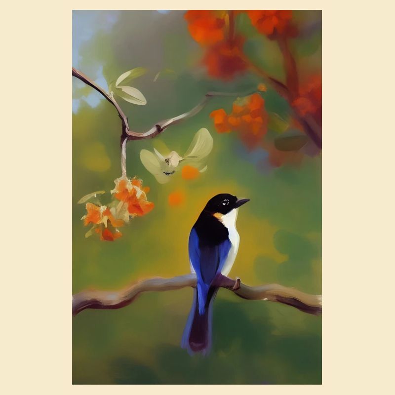 Oiseau sur branche avec des fleurs colorées