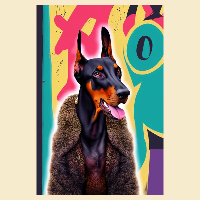 Bosshafter Dobermann im Pelzmantel vor Graffiti