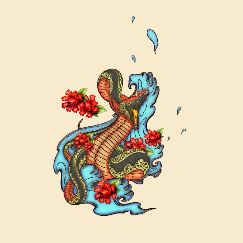 Serpent coloré en colère avec des fleurs