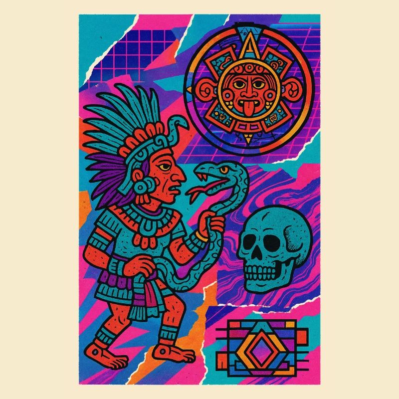 Aztec warrior and symbols