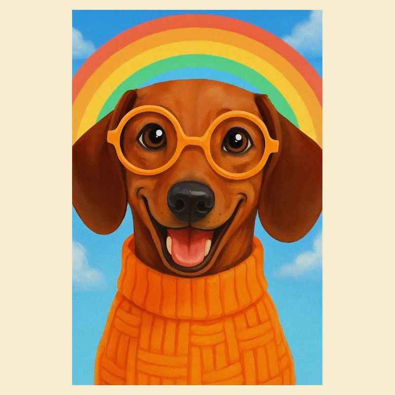 Glücklicher Hund mit Brille und Regenbogen