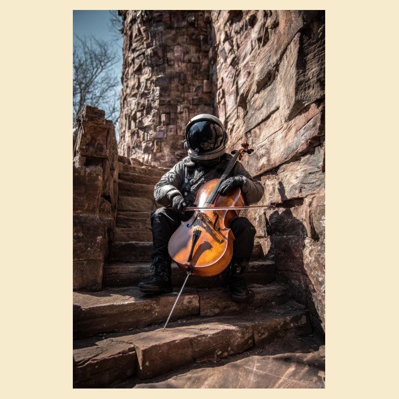 Astronaut Playing Cello on Stone Steps