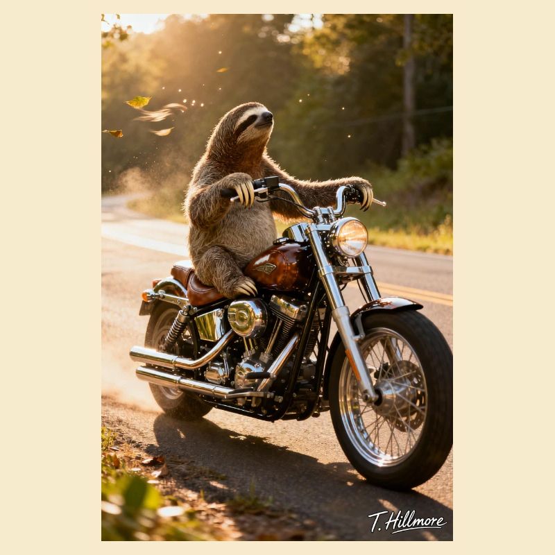 Faultier auf Motorrad