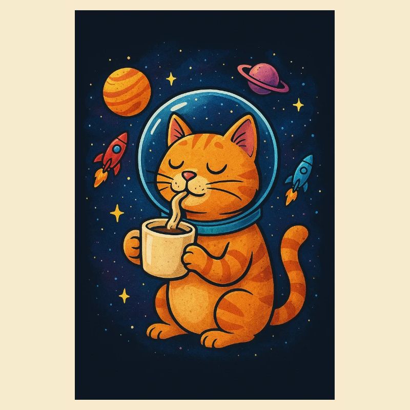 Chat en combinaison spatiale buvant du café