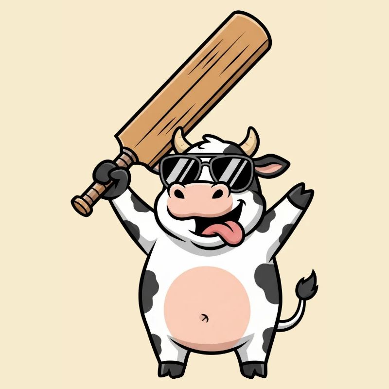 Vache drôle avec batte de cricket dessin animé