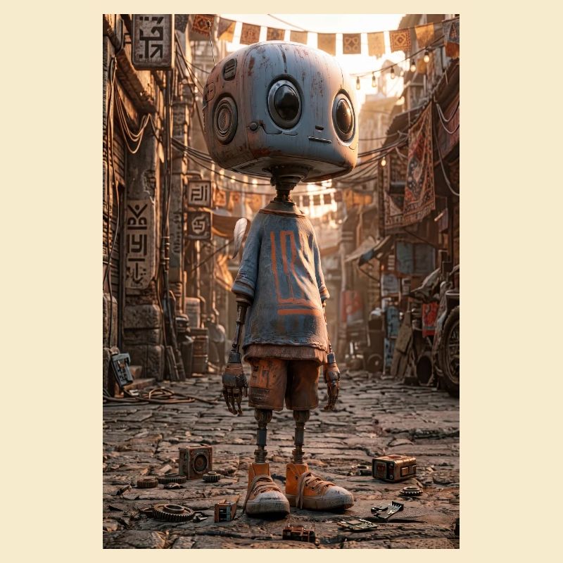 Rusty Robot in Neon Bazaar