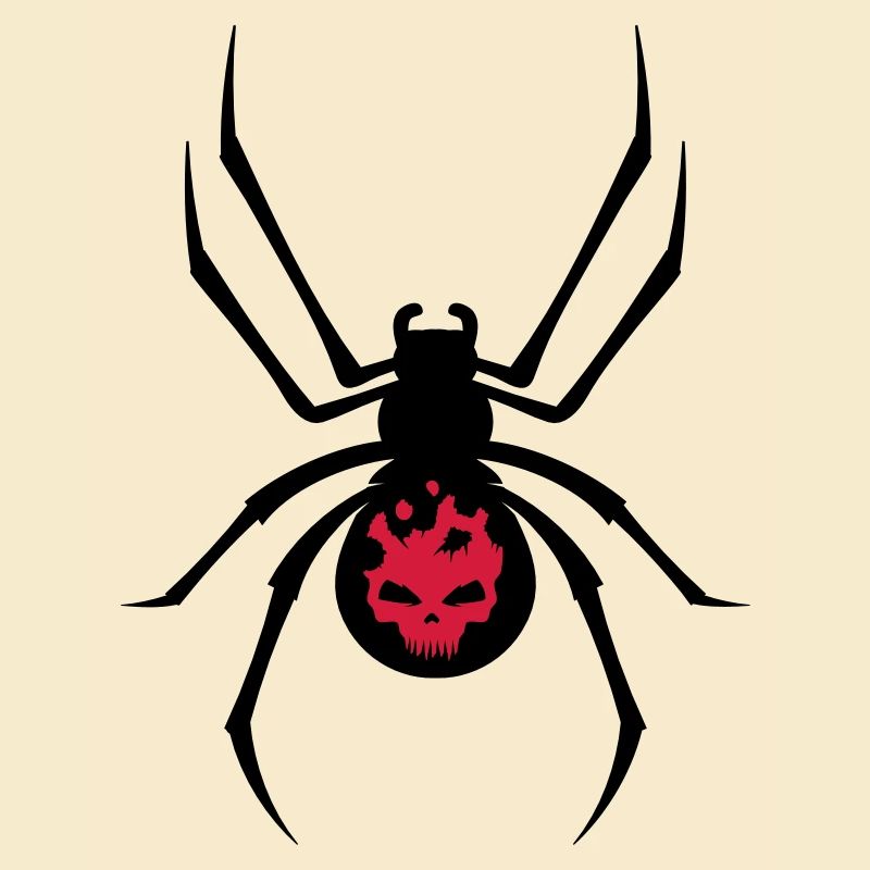 A black spider with red skull