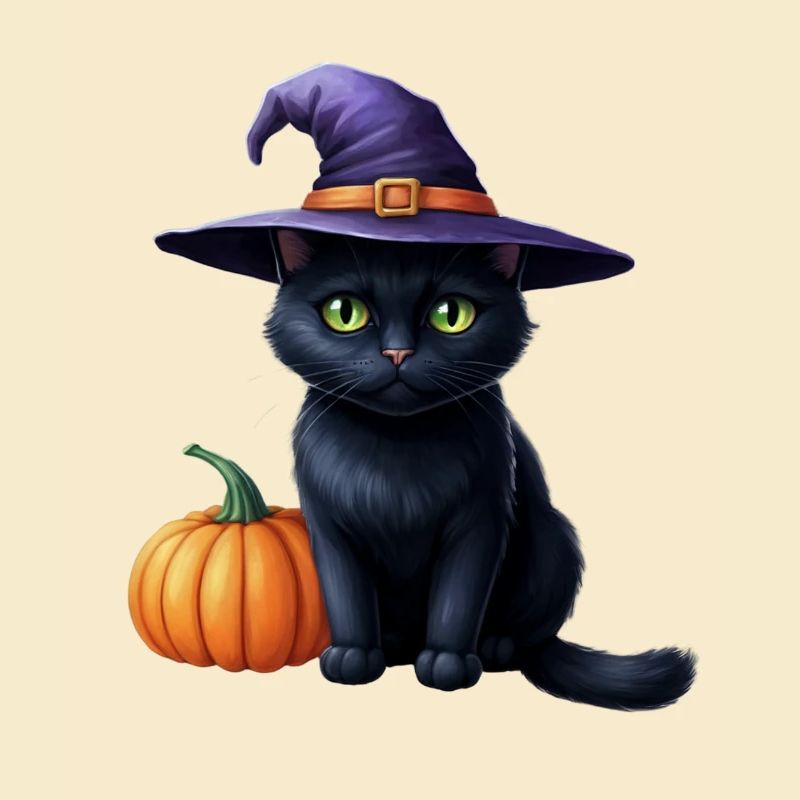 Chat sorcière avec citrouille
