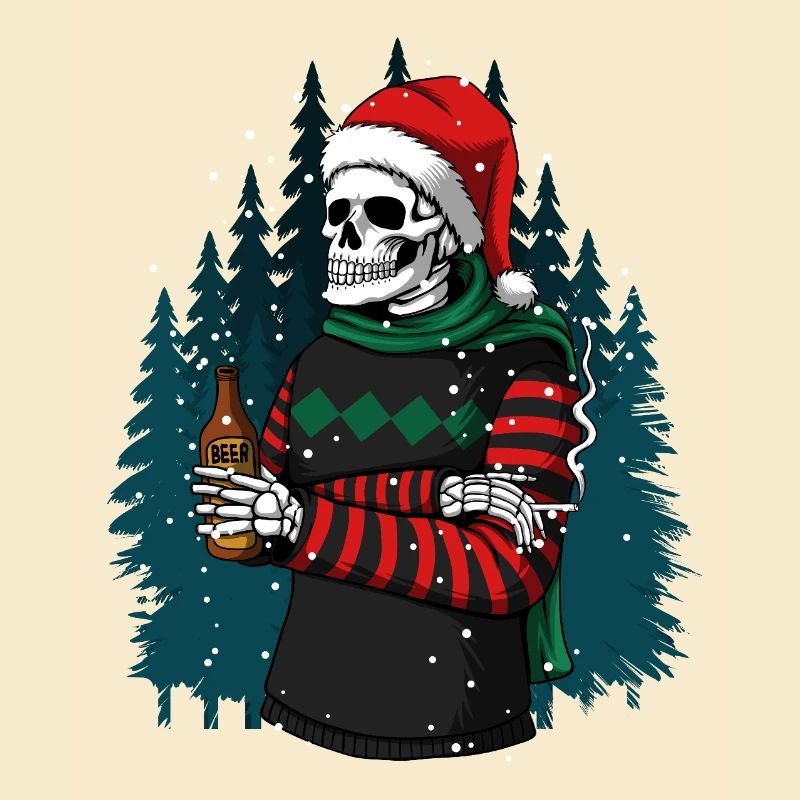 Skeleton in Santa hat drinking beer in winter forest