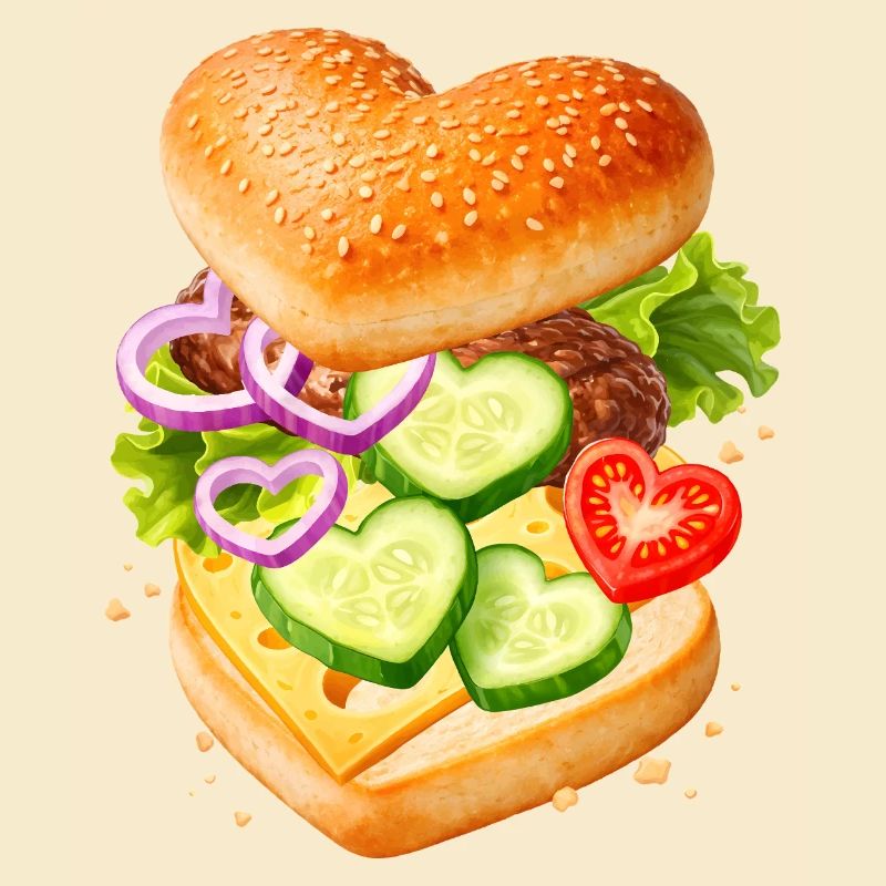 Burger in heart shape illustration with vegetables