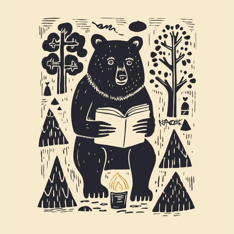 Ein Bär liest ein Buch im Wald
