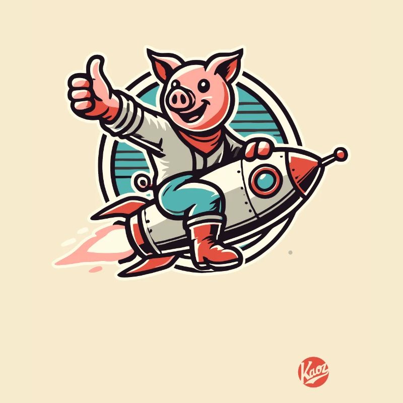 Daumen hoch, ein Schwein auf einer Rakete
