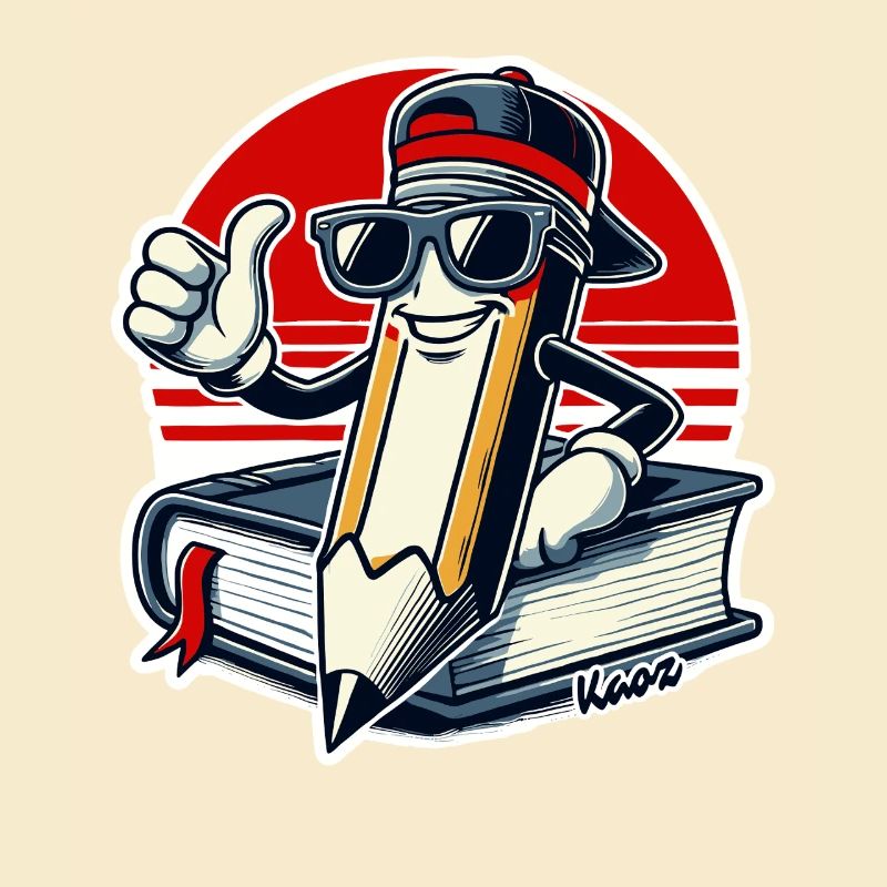 Cooler Bleistift mit Buch und Daumen hoch
