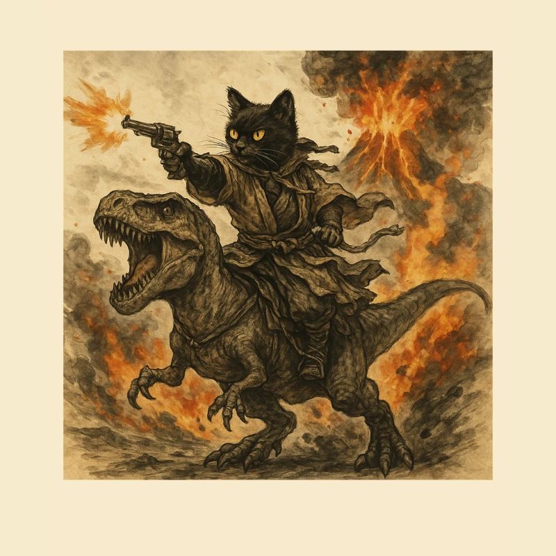 Samurai-Katze reitet auf Dinosaurier bei Vulkanausbruch