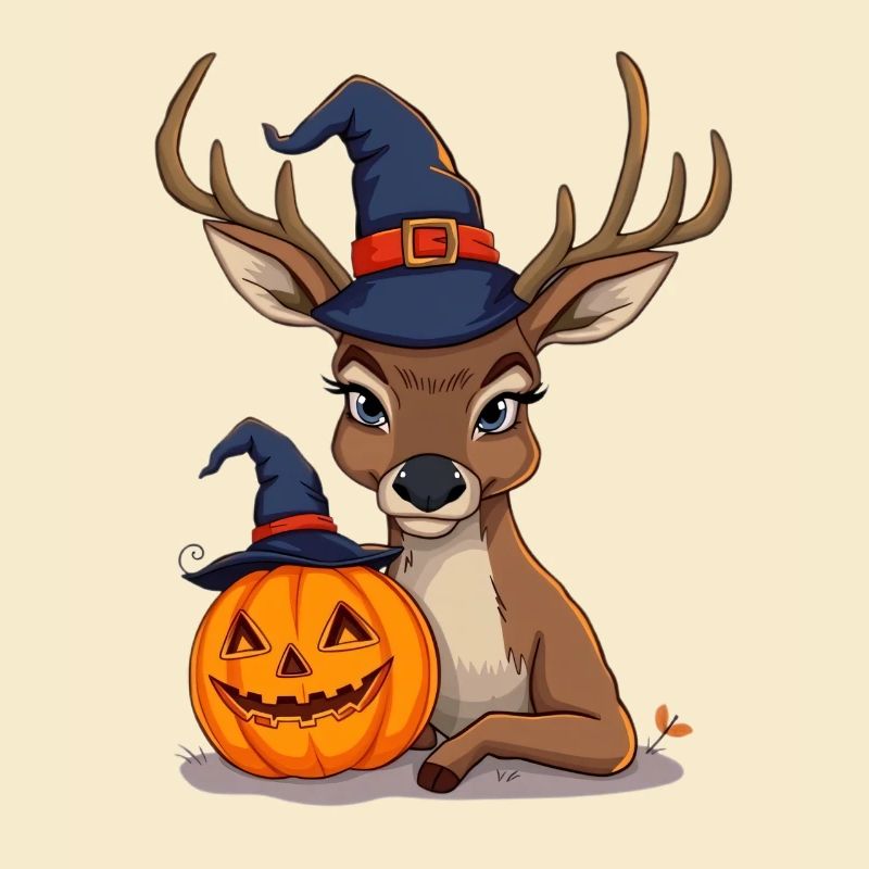 Halloween deer with pumpkin head and witch hat