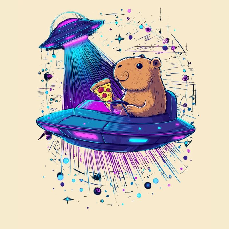 Capybara mit Pizza im UFO