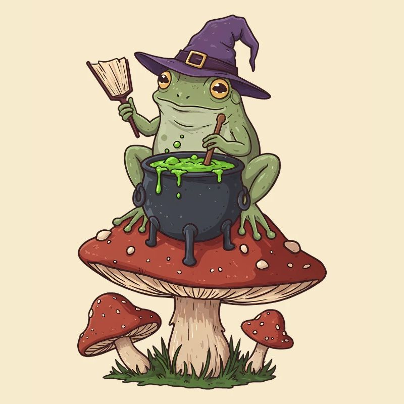 Frog Witch Cauldron Over Mushroom Ring