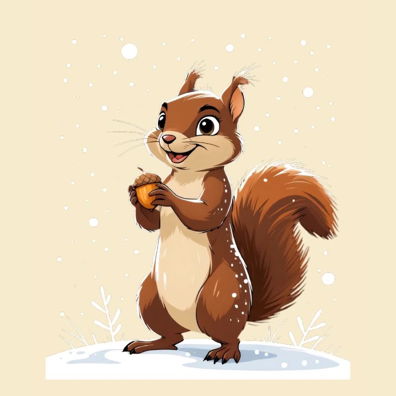 Winterliches Eichhörnchen mit Eichel