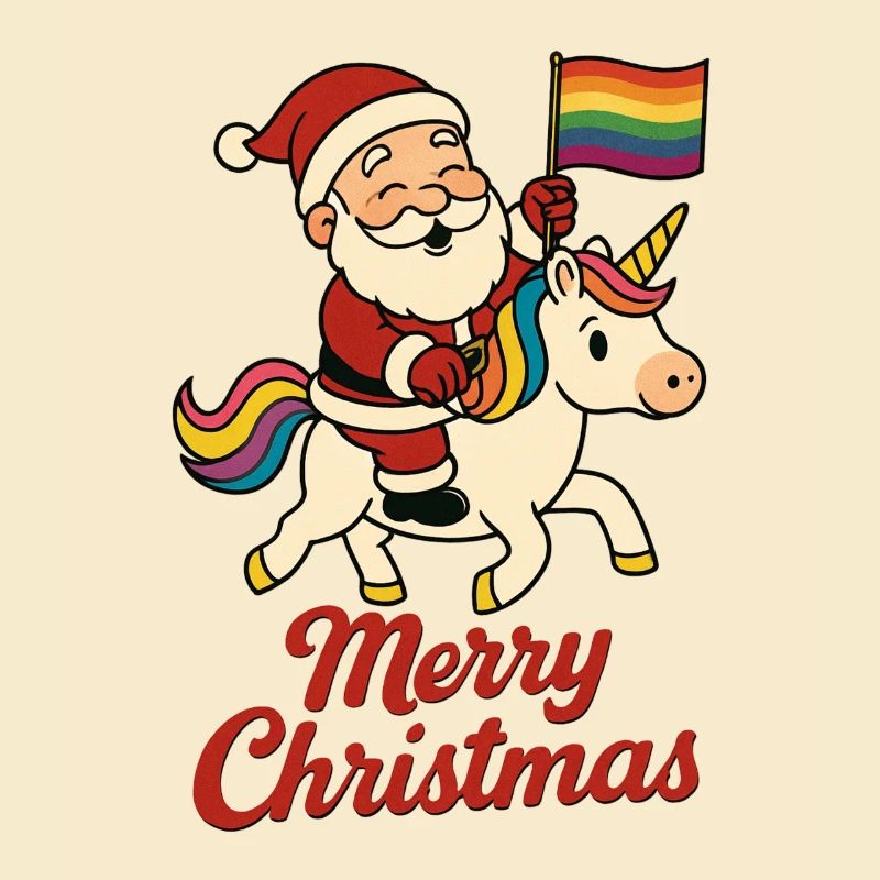 Weihnachtsmann auf Einhorn mit Regenbogenfahne