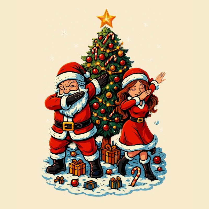 Dabbing Père Noël et Mère Noël devant le sapin de Noël