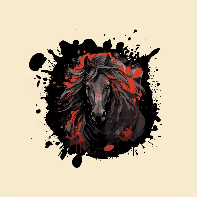 Cheval noir avec des éclaboussures rouges