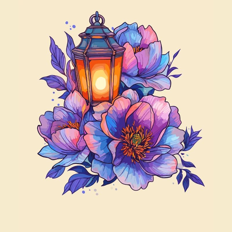 Lumière de lanterne devant des pivoines colorées