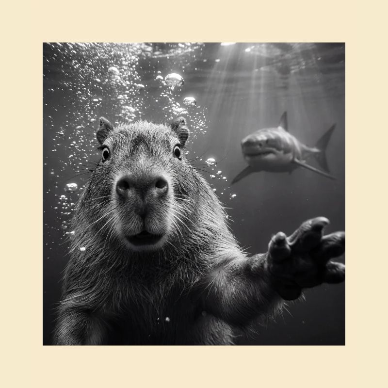 Capybara Selfie Underwater with Shark