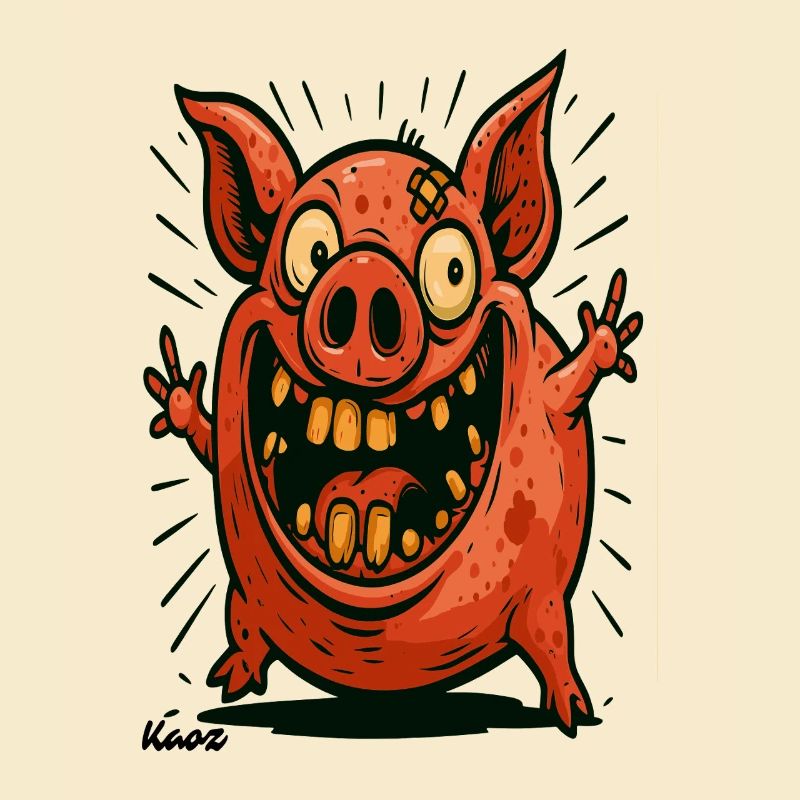 Crazy red pig in comic style