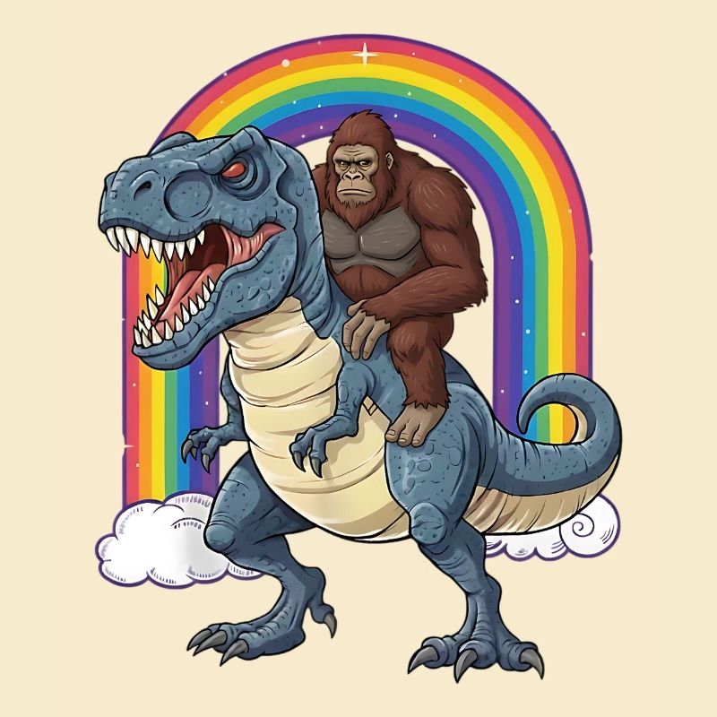 Bigfoot Riding T-Rex Dinosaur Rainbow