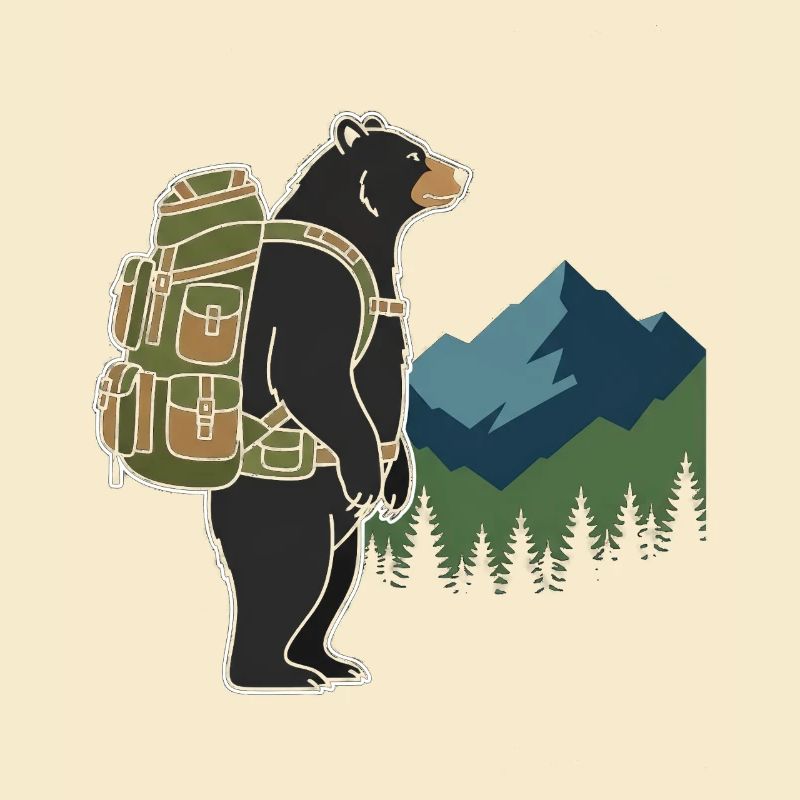 Bär mit Rucksack vor Berglandschaft
