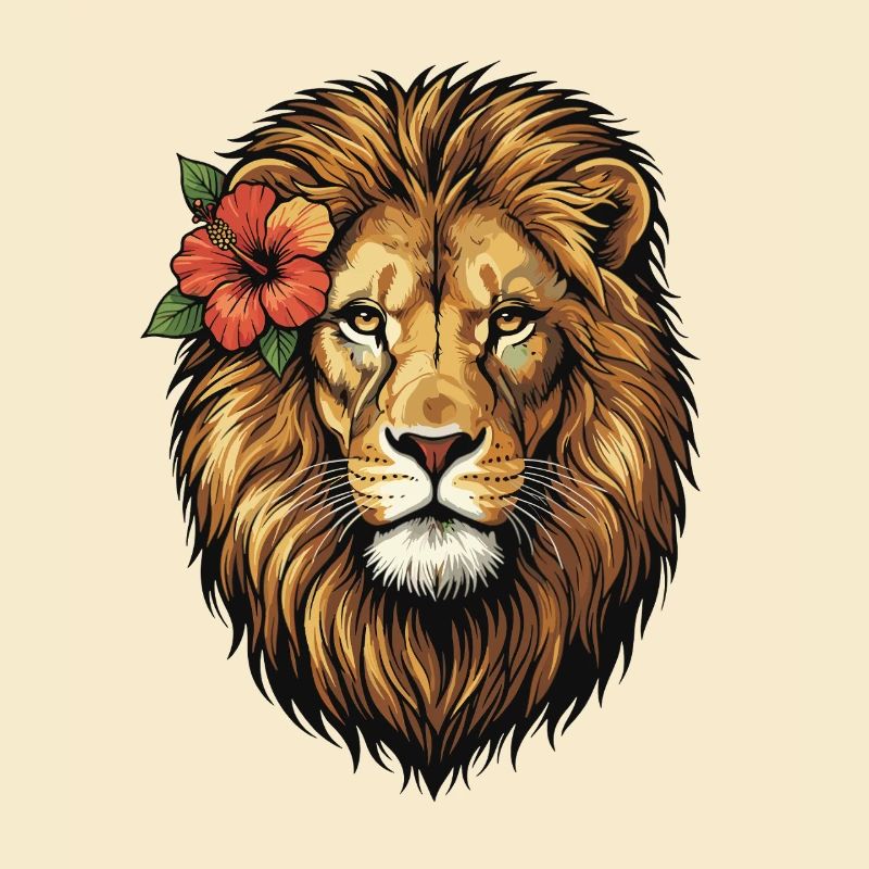 Tête de lion avec fleur d’hibiscus