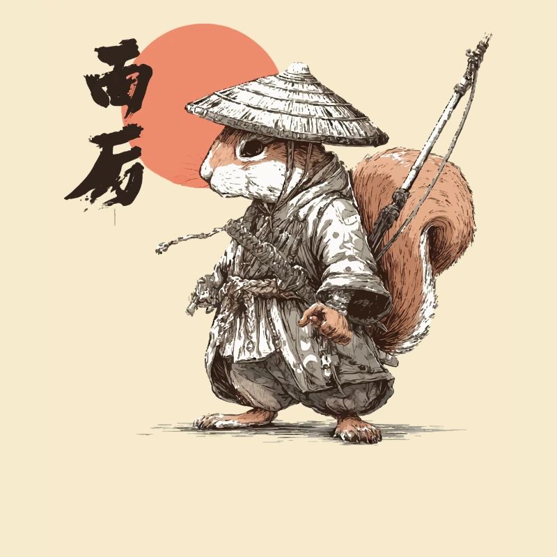Samurai-Eichhörnchen unter roter Sonne