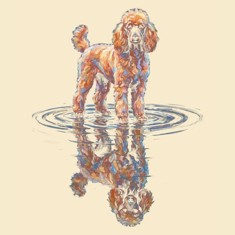 Poodle with water reflection