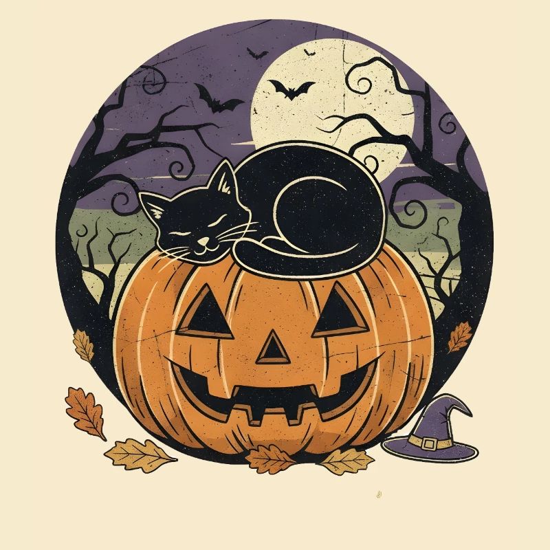Schwarze Katze schläft auf Jack-o Laterne | Halloween