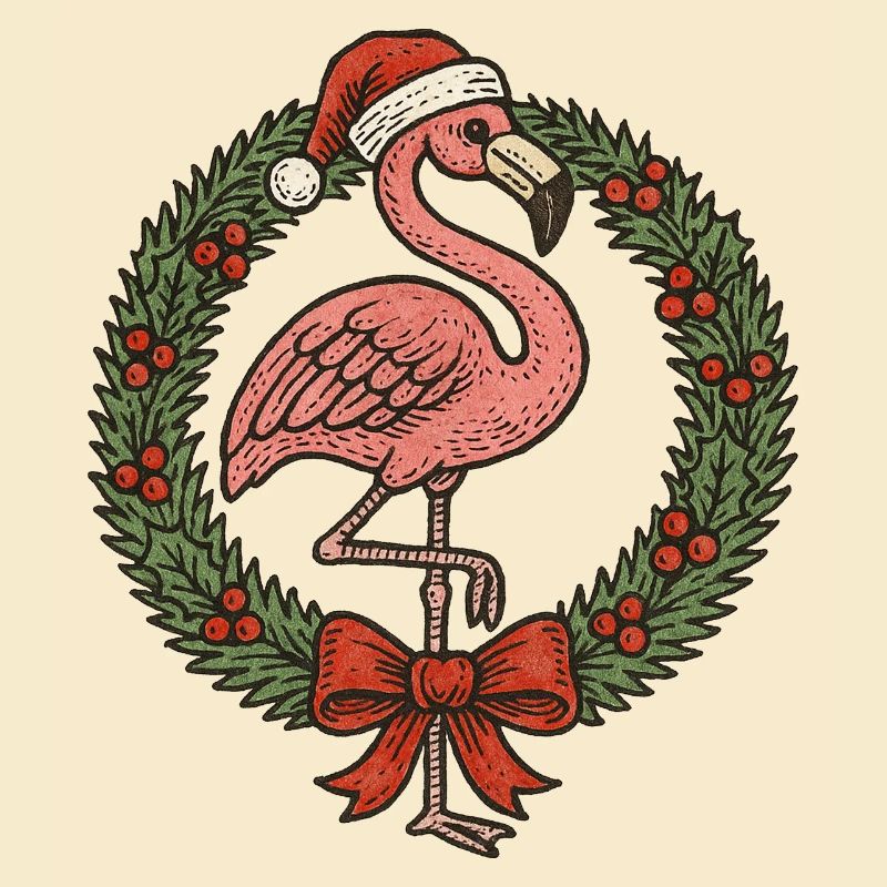Festlicher Flamingo mit Weihnachtskranz