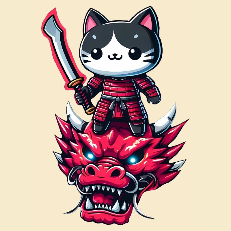 Samurai-Katze mit Schwert auf Drache in epischem 3D-Effekt