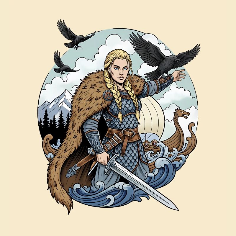 Femme viking armée d’une épée dans la tempête
