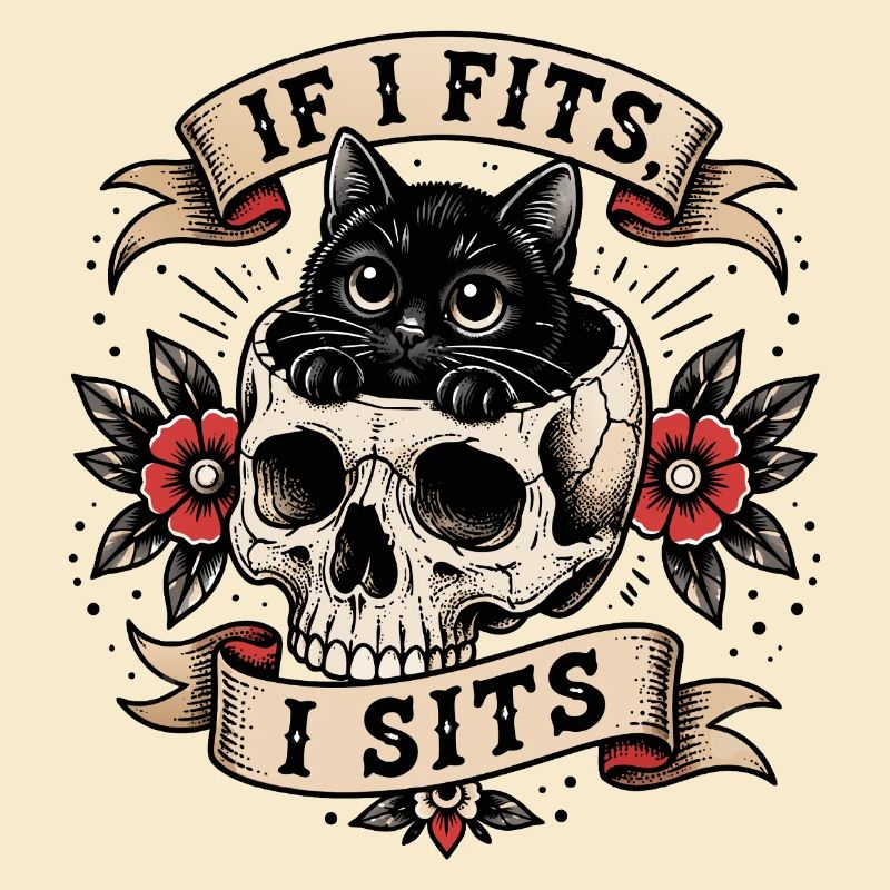 Chat dans un crâne : design de tatouage à l’ancienne