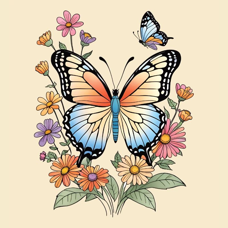 Papillon coloré dans une mer de fleurs