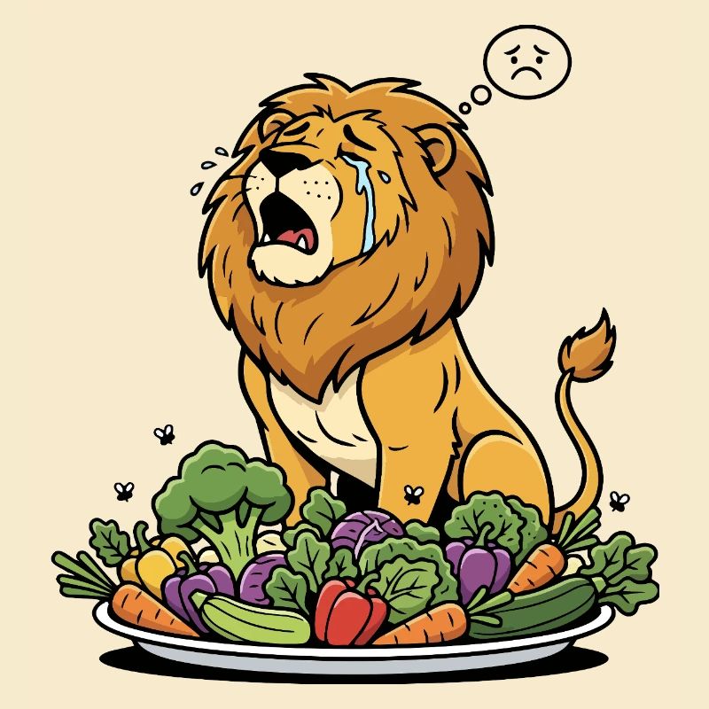 trauriger Löwe am Gemüsebuffet will lieber Fleisch