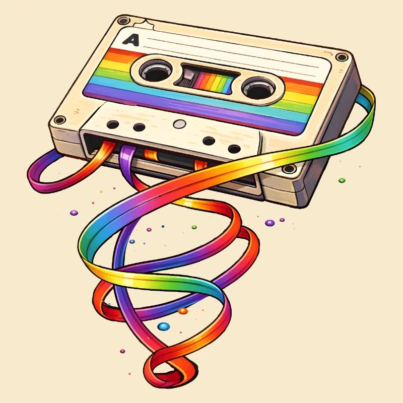 Retro cassette with rainbow ribbon