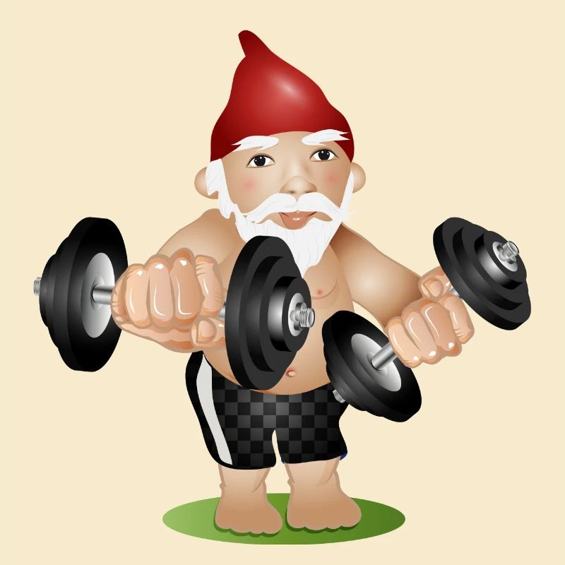 Bodybuilder Gartenzwerg mit Hanteln beim Training