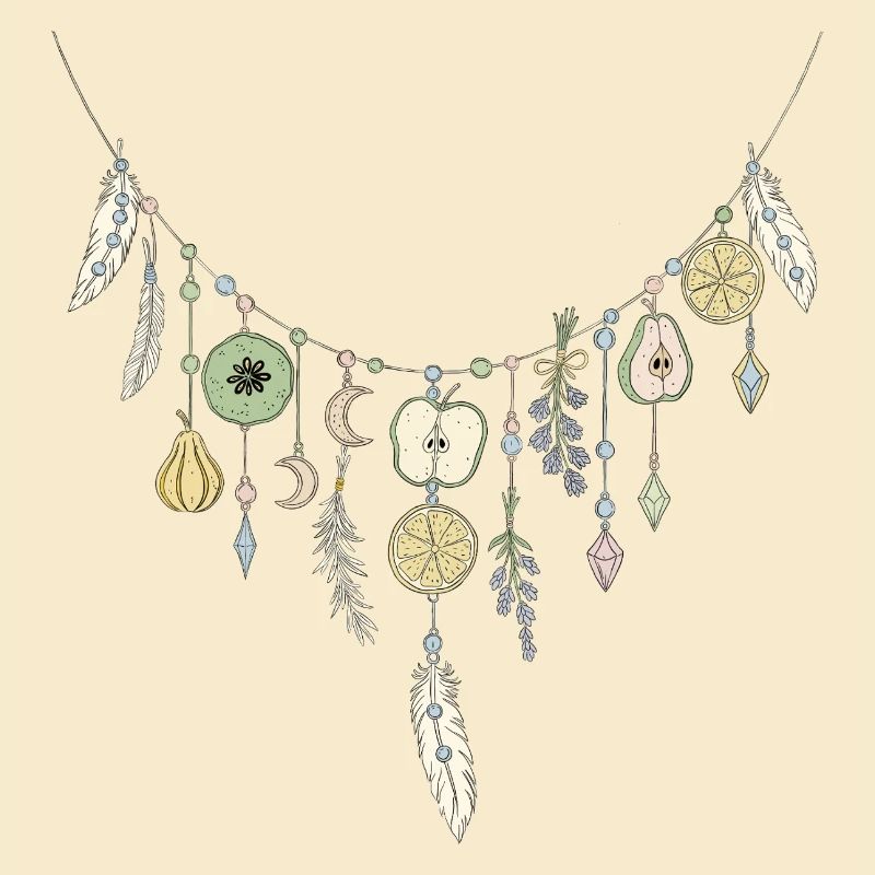 Delicate chain with fruit and feather motifs