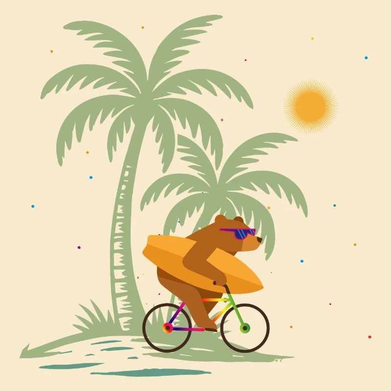 Bear with surfboard on bicycle under palm trees