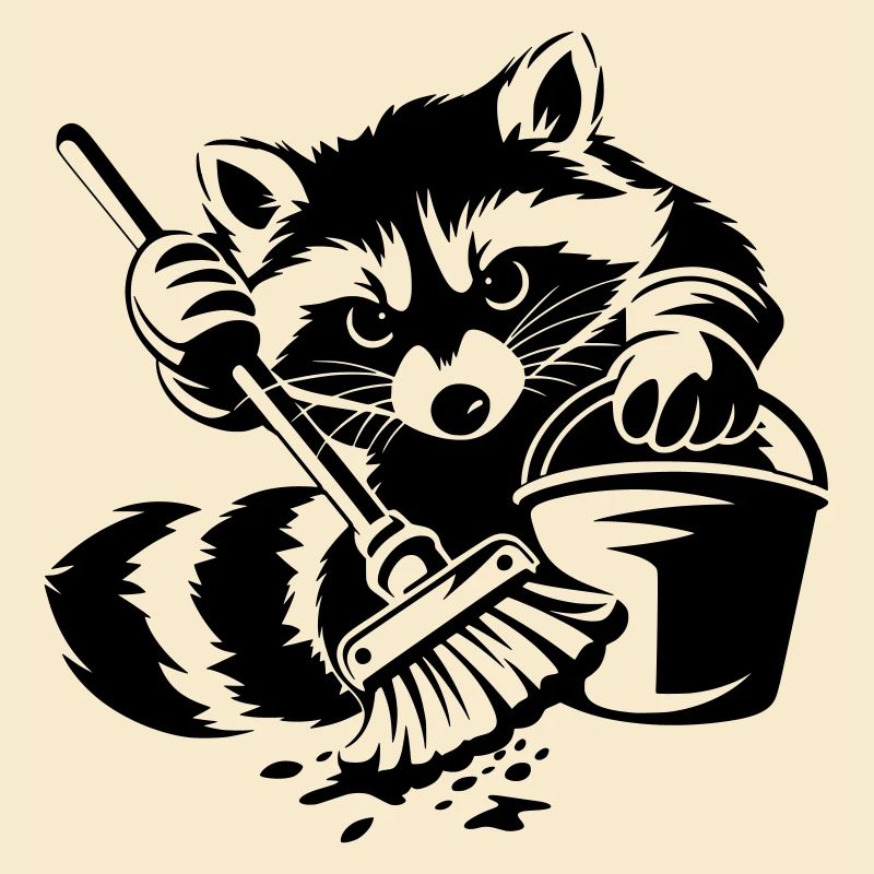 Waschbär mit Eimer & Mopp