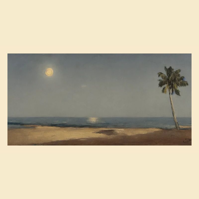 Palm trees and grass at night with moon - Art Design
